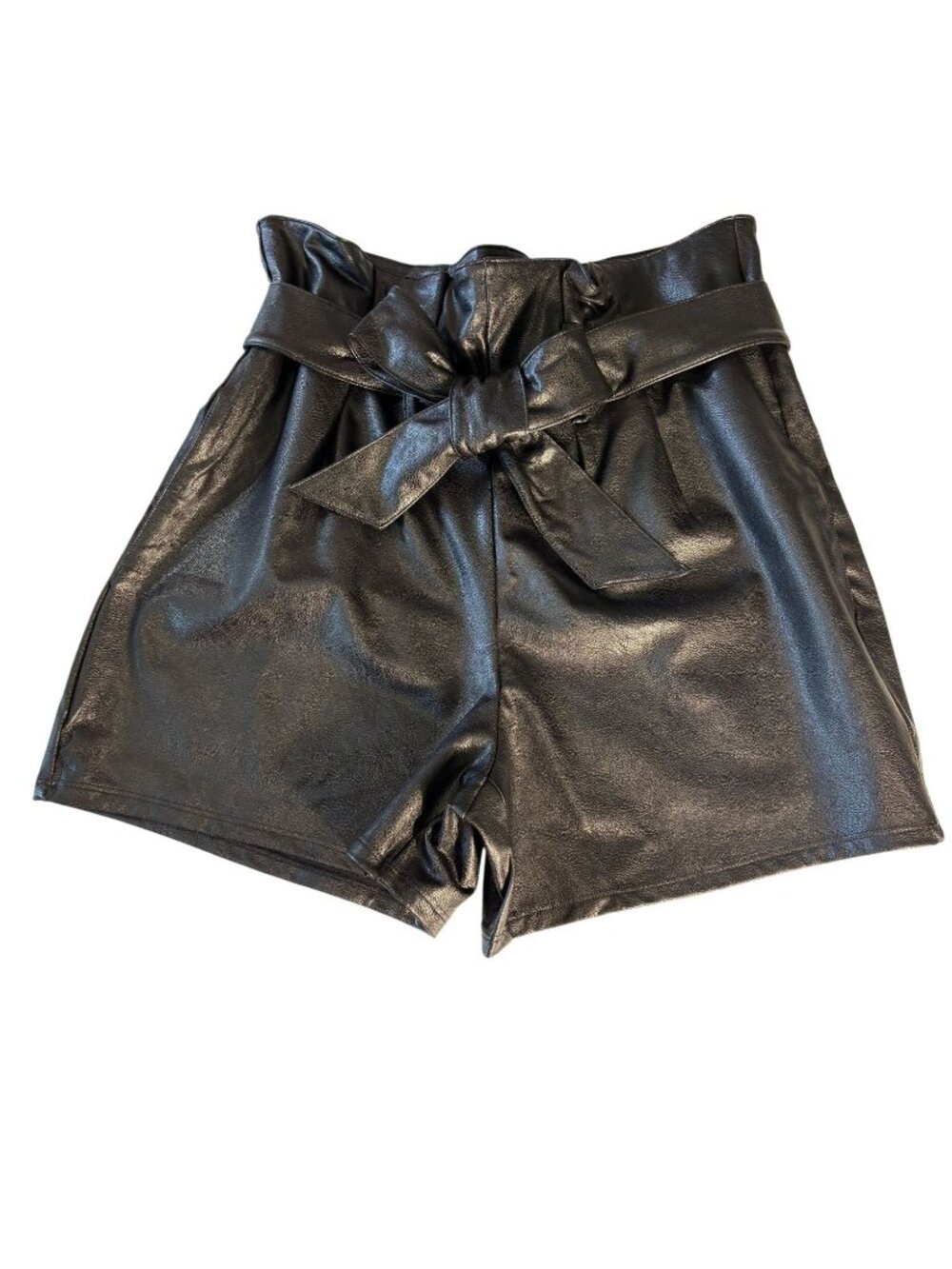 High-Waisted Faux Leather Shorts With Tie Belt & Paperbag Waist Size M - Picture 2 of 11